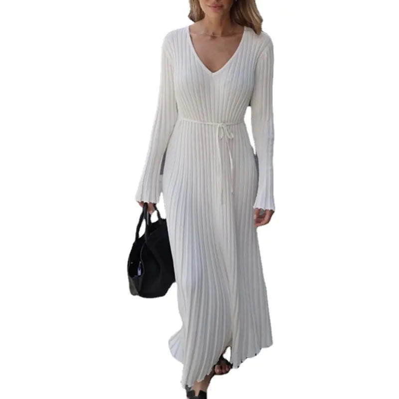 2023 Women's Knit Long Dress with V-Neck and Waist Tie