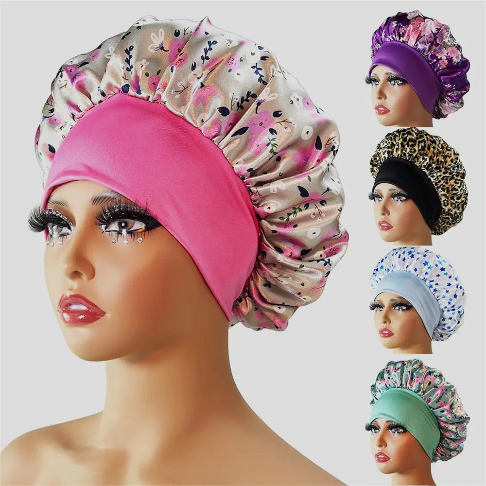 Wide-Brimmed Satin Printed Shower Cap for Beauty