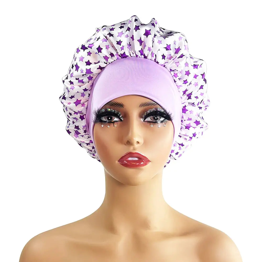 Wide-Brimmed Satin Printed Shower Cap for Beauty