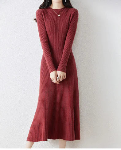 Autumn Winter Women's Long Wool Knit Dress, High Waist