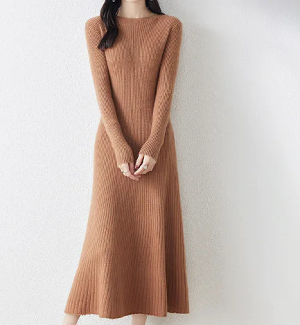 Autumn Winter Women's Long Wool Knit Dress, High Waist