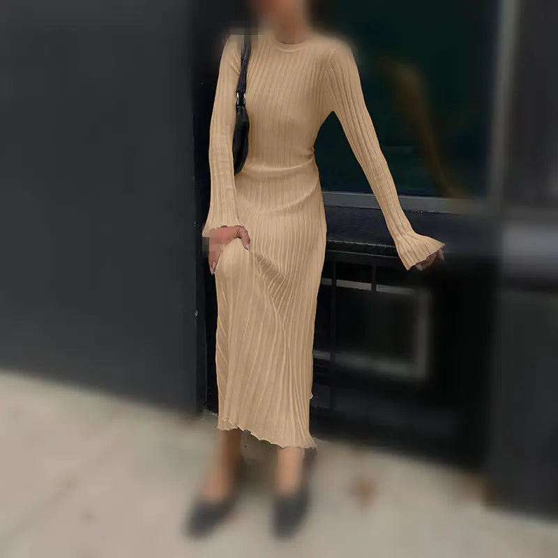 2023 Women's Knit Long Dress with V-Neck and Waist Tie