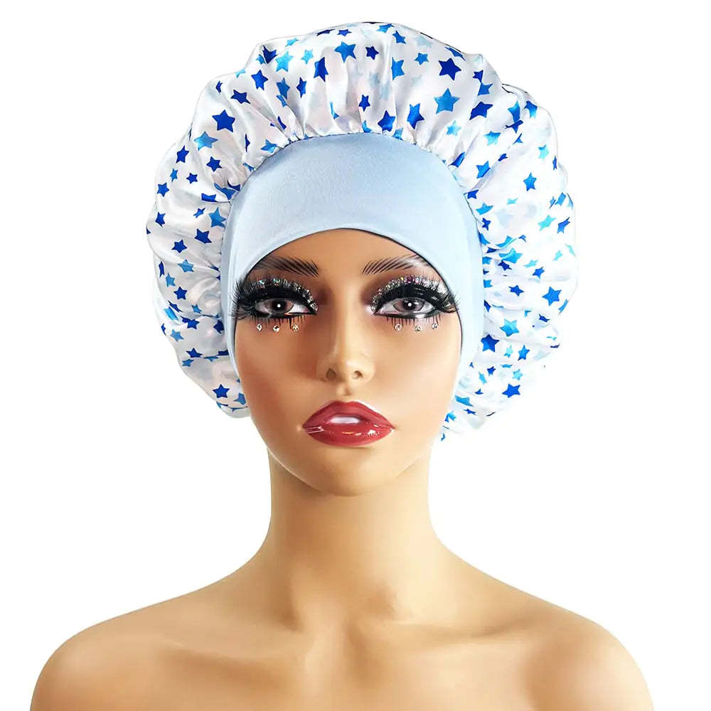 Wide-Brimmed Satin Printed Shower Cap for Beauty