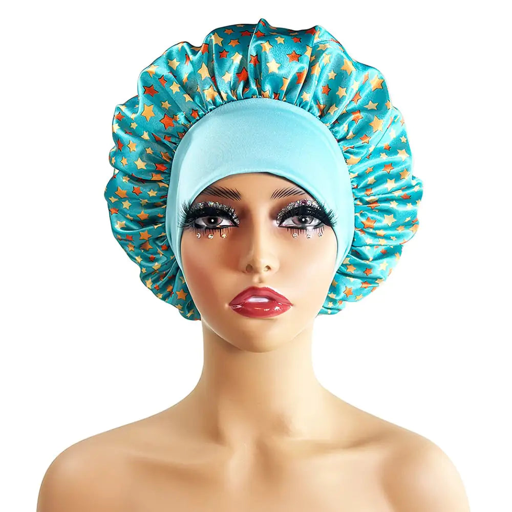 Wide-Brimmed Satin Printed Shower Cap for Beauty
