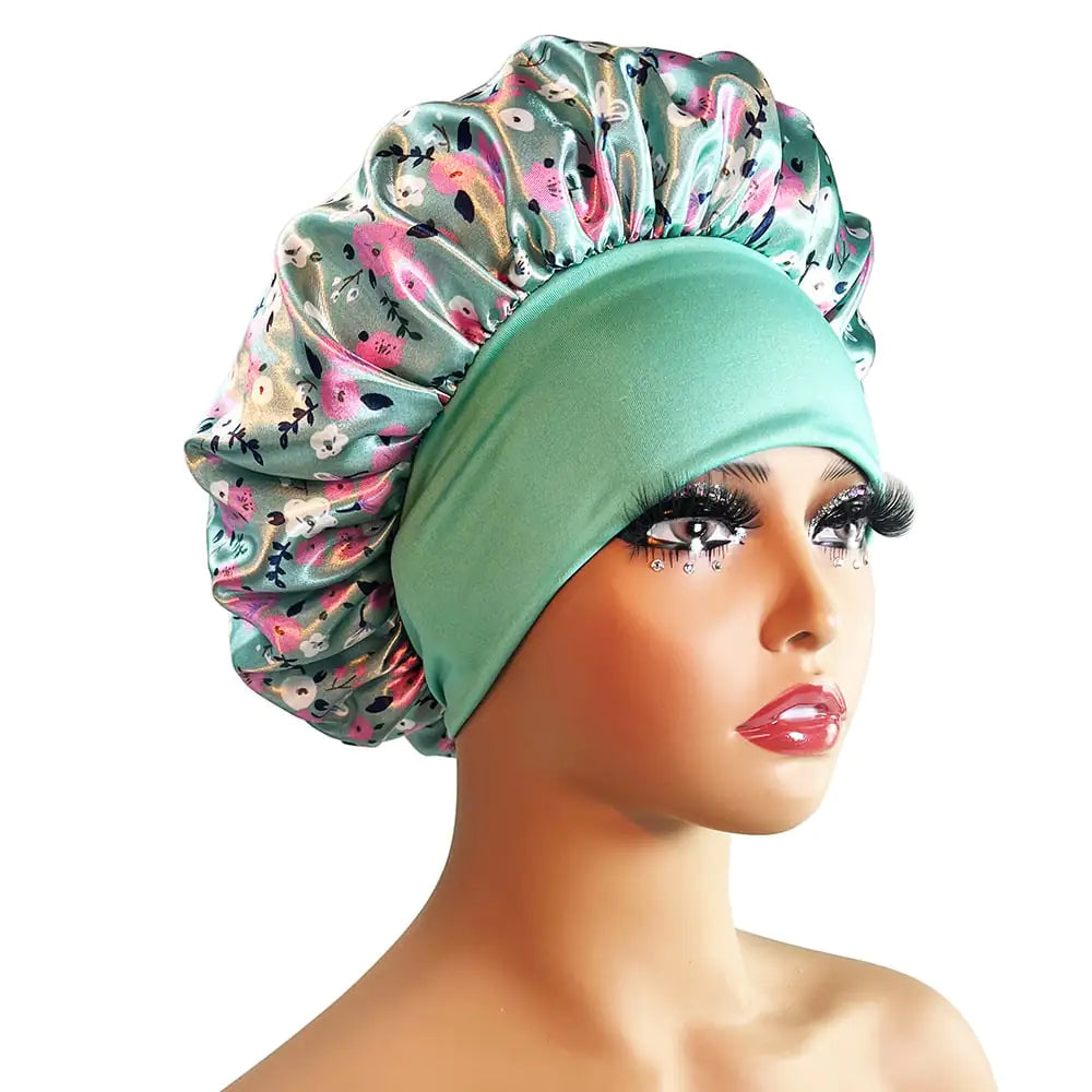 Wide-Brimmed Satin Printed Shower Cap for Beauty