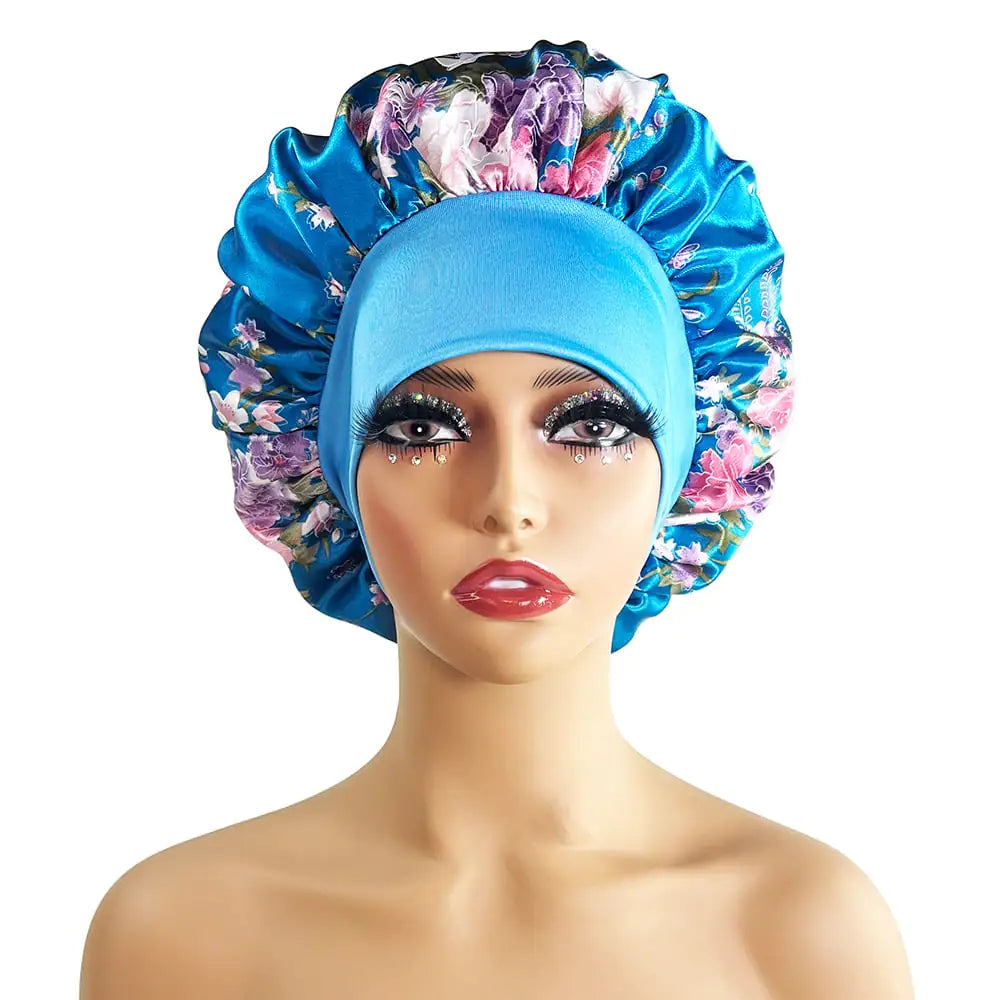 Wide-Brimmed Satin Printed Shower Cap for Beauty