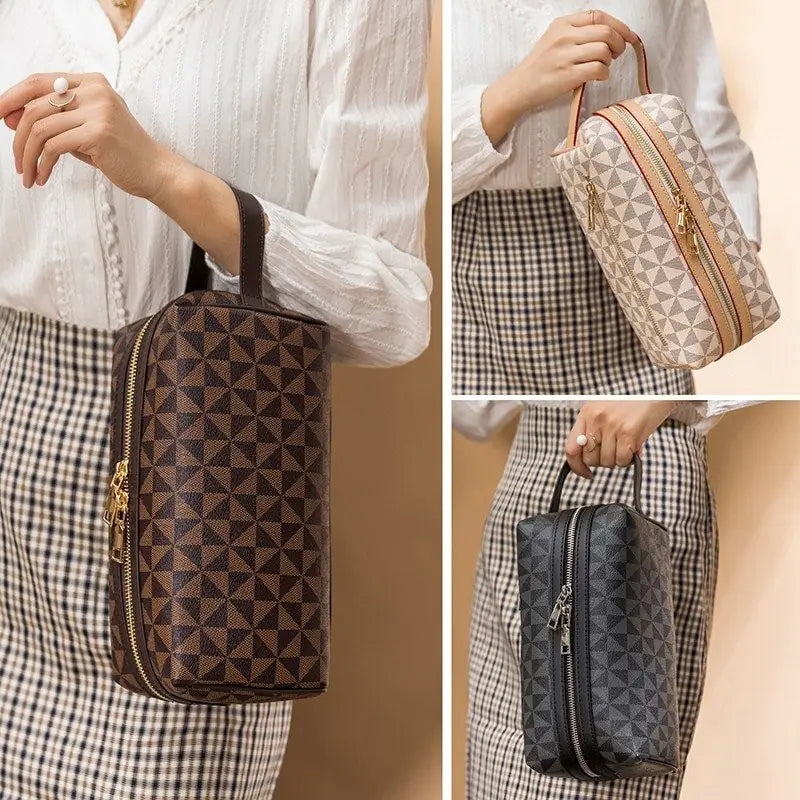 Collage of a person holding different patterned toiletry bags.