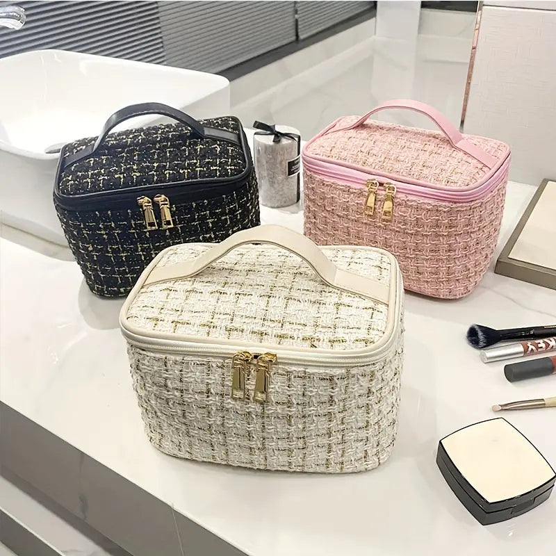 Plaid Print Large Capacity Makeup Bag with Handle