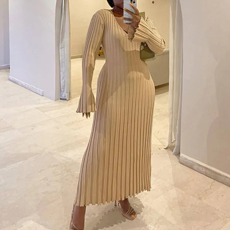 2023 Women's Knit Long Dress with V-Neck and Waist Tie